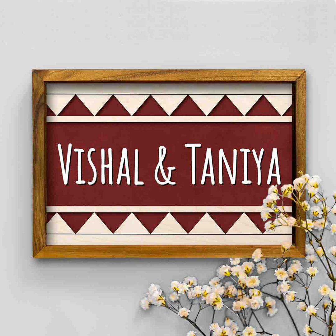 Wooden Personalized Framed Couples Nameplate - Front View with Floral Decoration