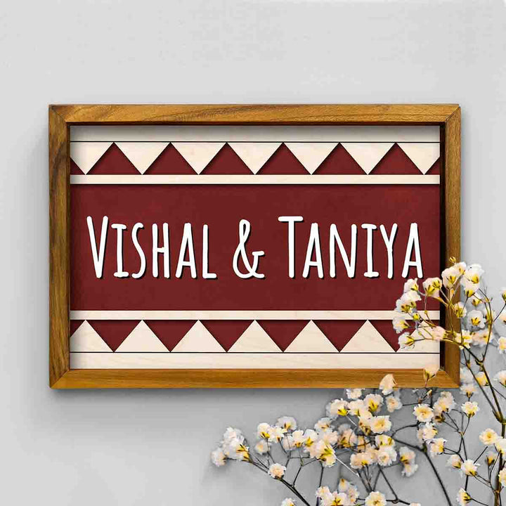 Wooden Personalized Framed Couples Nameplate - Front View with Floral Decoration