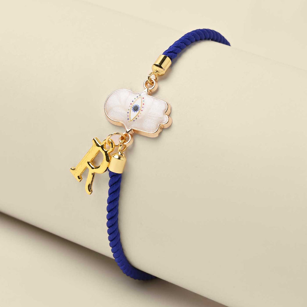 Personalized Handmade White Hamsa Hand Design Monogram Metal Rakhi - Full View of Fabric Bracelet