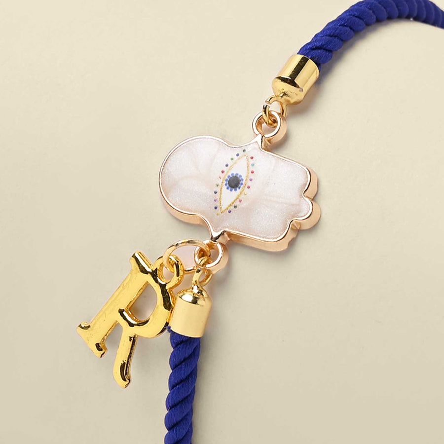 Personalized Handmade White Hamsa Hand Design Monogram Metal Rakhi - Close-up of Pendant Charms