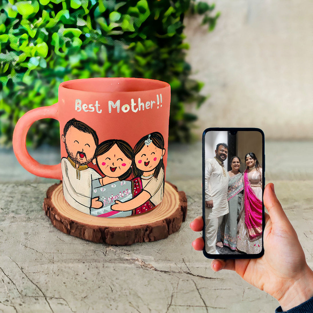 Handpainted Personalised Terracotta Mug with Caricatures