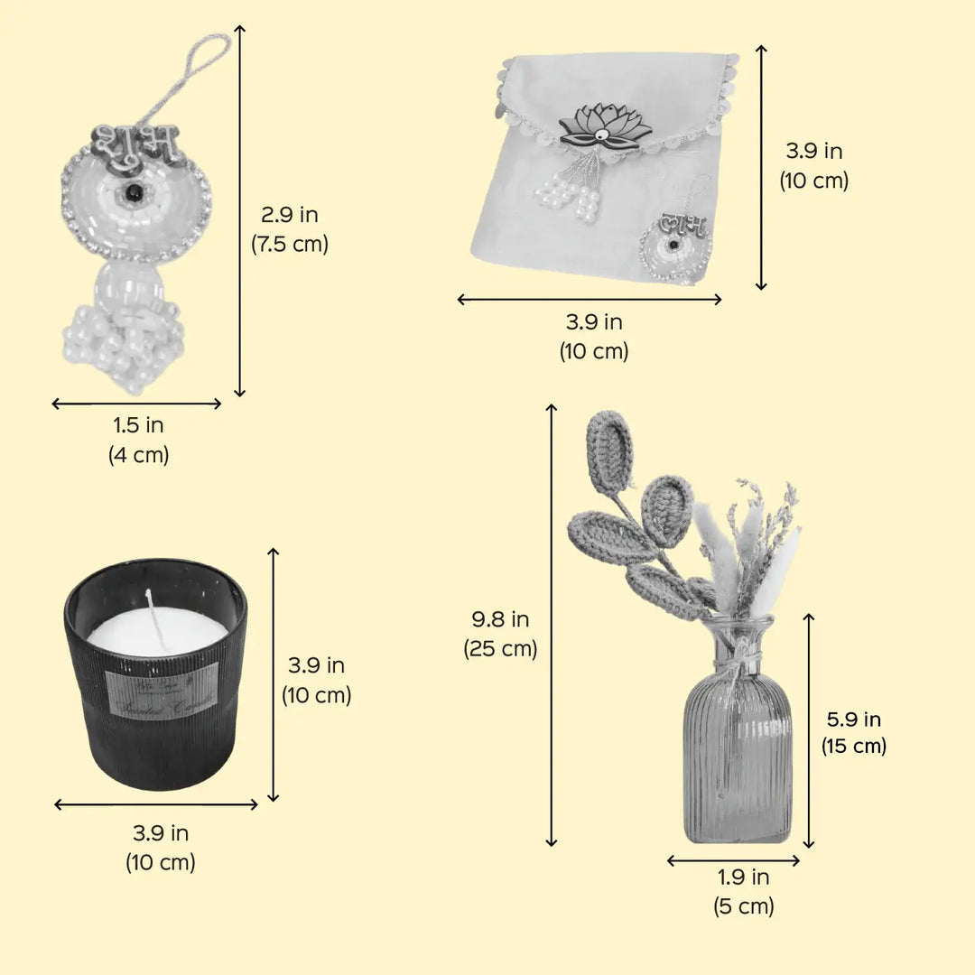 Golden Grace Diwali Gift Hamper | Includes 1 Vase, 1 Dried Flower Bunch, 1 Chocolate, 1 Candle, 2 Hangings, 1 Wax Melts Pack, 1 Match Box, 1 Diwali Card, 1 Organiser Gift Box