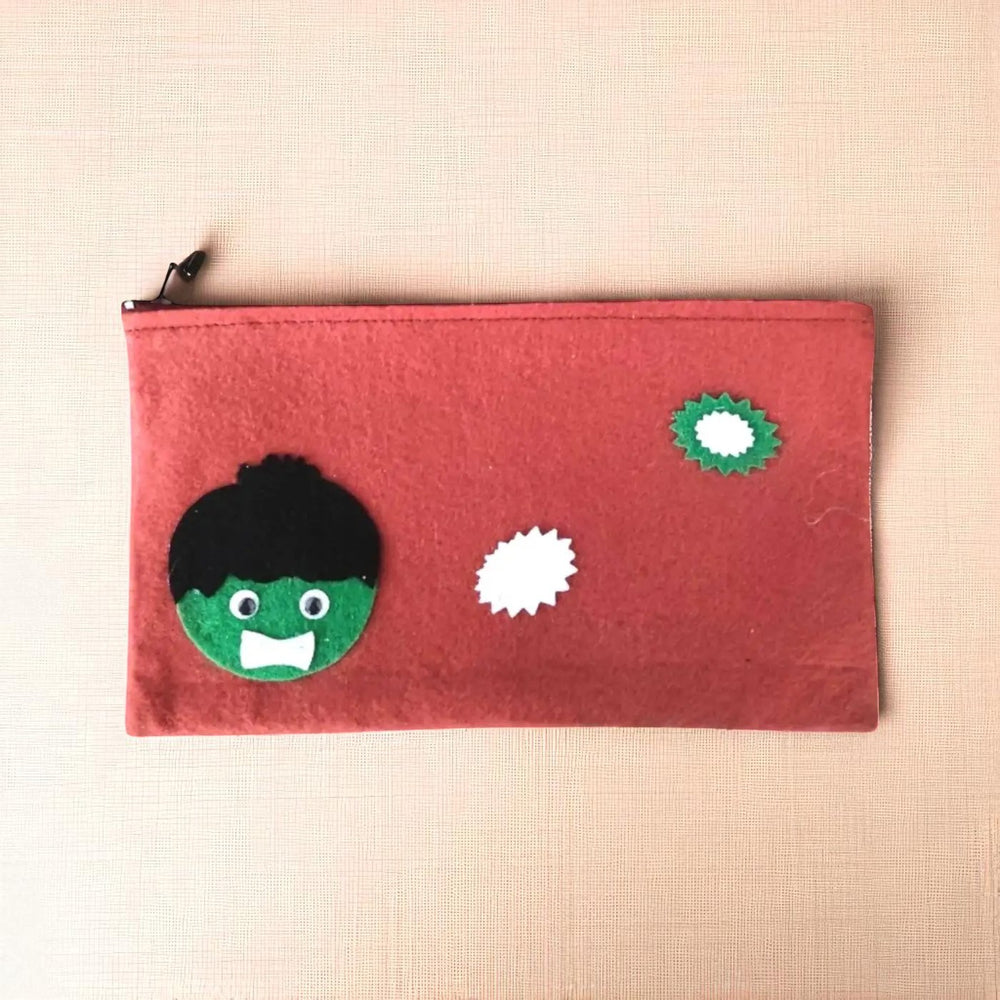 Handmade Hulk Theme Felt Rakhi Hamper With Roli Chawal Includes 1 Pouch 1 Rakhi - Pencil Case Front View on Plain Background