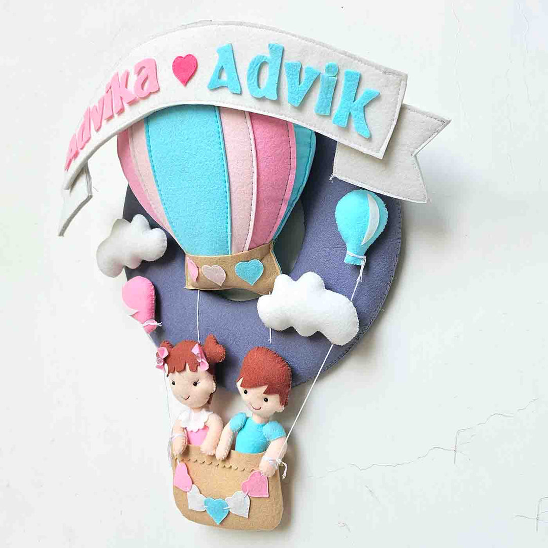 Handcrafted Personalized Hot Air Balloon Felt Nameplate For Siblings