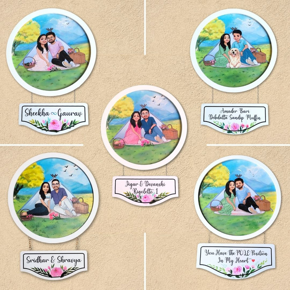 Photo Caricature Hanging Nameplate For Couples 6 - Mounted Wall with Name Tags