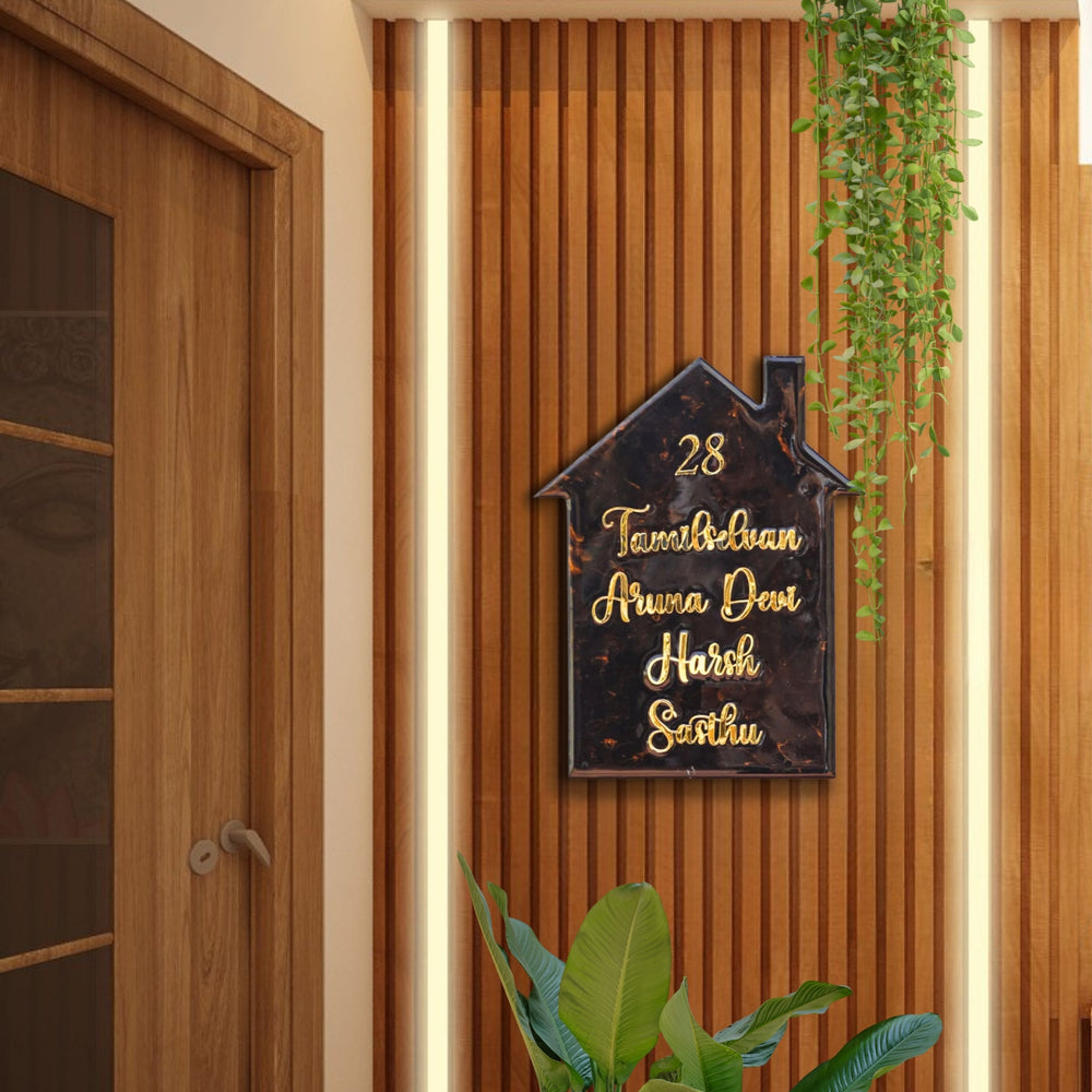 Handmade Resin Black Gold House Shaped Marbled Name Plate - Mounted on Wood Panel Wall