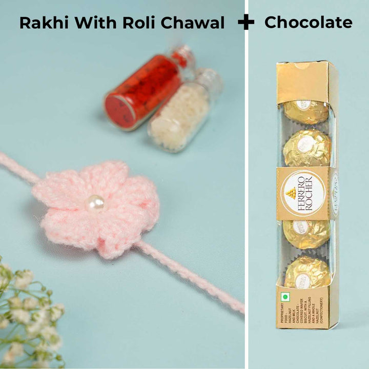 Customized Handmade Crochet Floral Rakhi With Roli Chawal For Brother - Front View of Pink Rakhi with Accessories