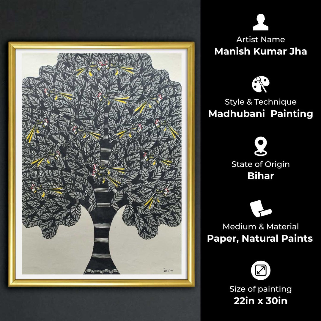 22 x 30 Inch | Birds In Tree | Original Hand Painted Madhubani Painting | Natural Pigments On Paper