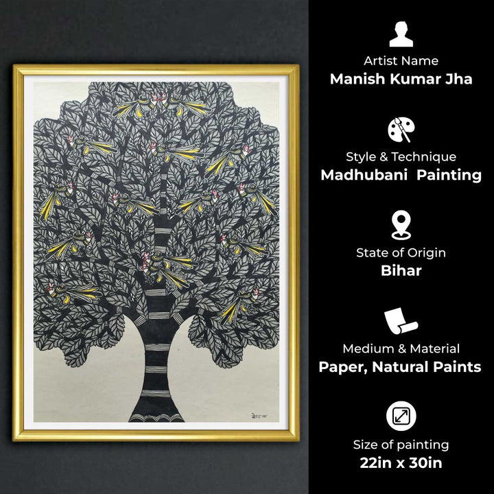 22 x 30 Inch | Birds In Tree | Original Hand Painted Madhubani Painting | Natural Pigments On Paper