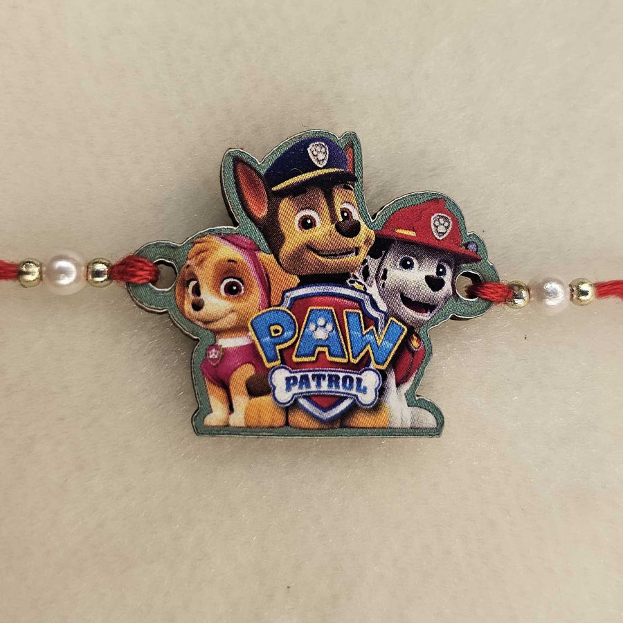 Handmade Paw Patrol Mdf Wood Kids Rakhi With Roli Chawal - Front Close-up