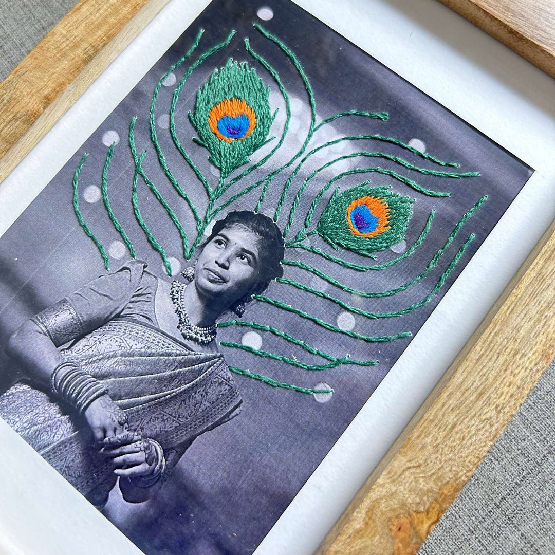 Peacock Feather Design Hand Embroidered Photo With Wooden Frame