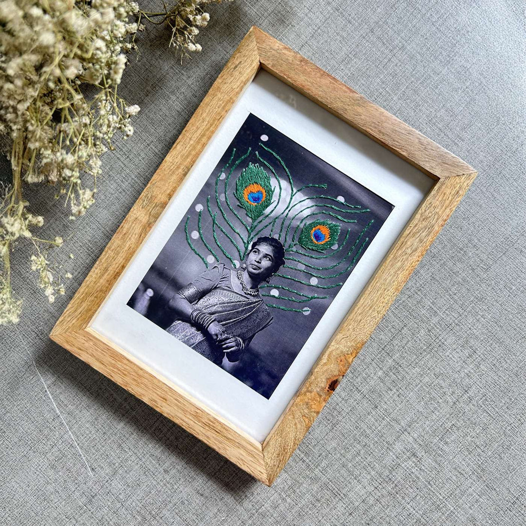 Peacock Feather Design Hand Embroidered Photo With Wooden Frame