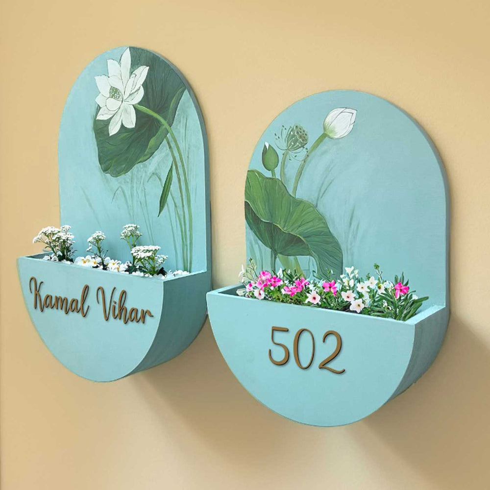 Personalized Handmade Shy Teal Floral Mdf Wood Name Plate - Mounted Wall Planters with Personalization