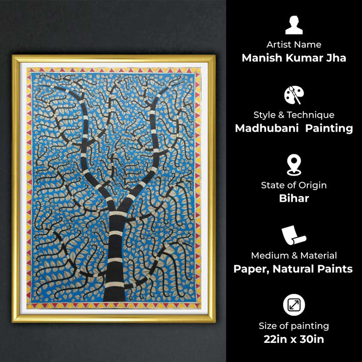 22 x 30 Inch | Blue Dense Leaf Tree | Original Hand Painted Madhubani Painting | Natural Pigments On Paper
