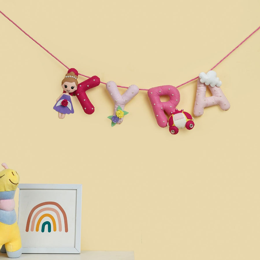 Handmade Personalized Felt Kids Bunting Princess - Displayed Hanging on String
