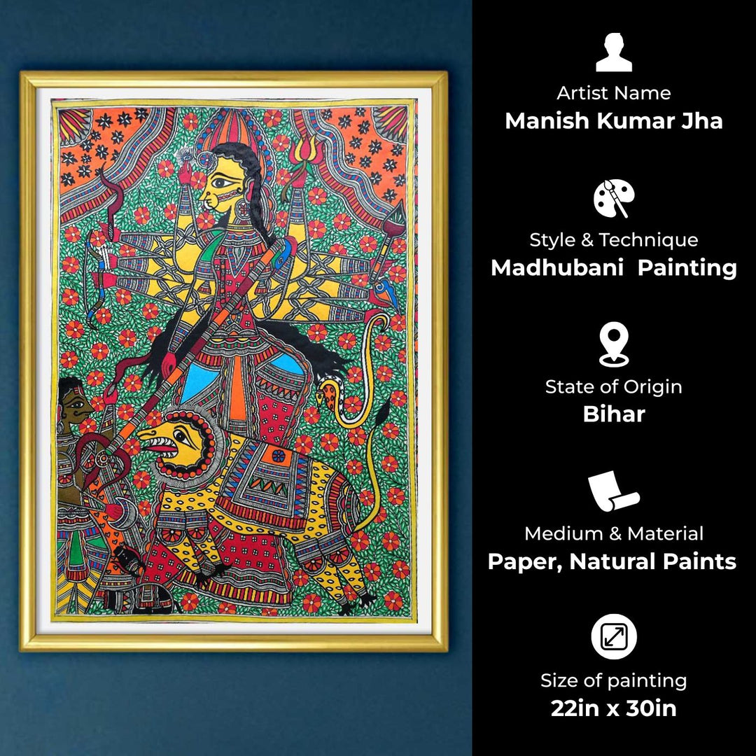 22 x 30 Inch | Durga Mahishasura Mardini | Original Hand Painted Madhubani Painting | Natural Pigments On Paper