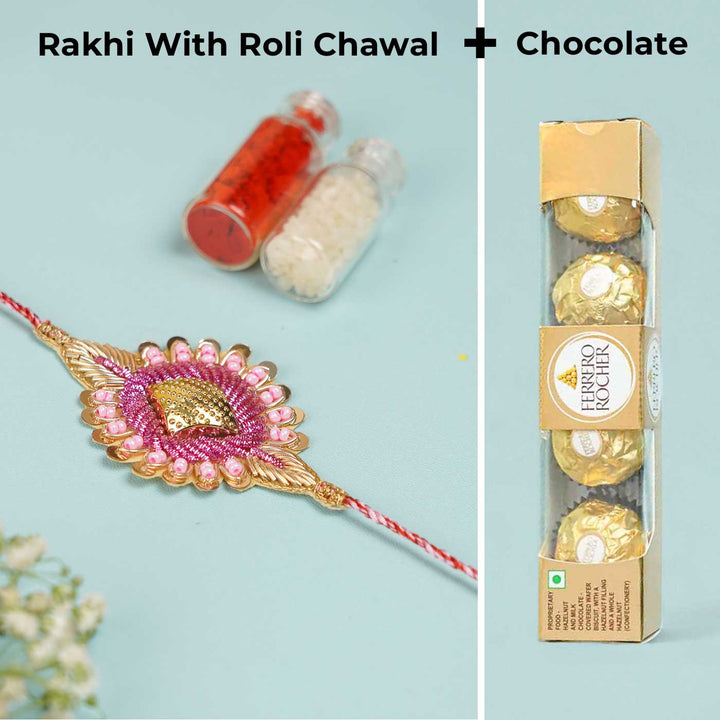 Handmade Gota Patti Design Rakhi With Roli Chawal For Brother And Sisters - Rakhi with Roli, Chawal, Chocolate