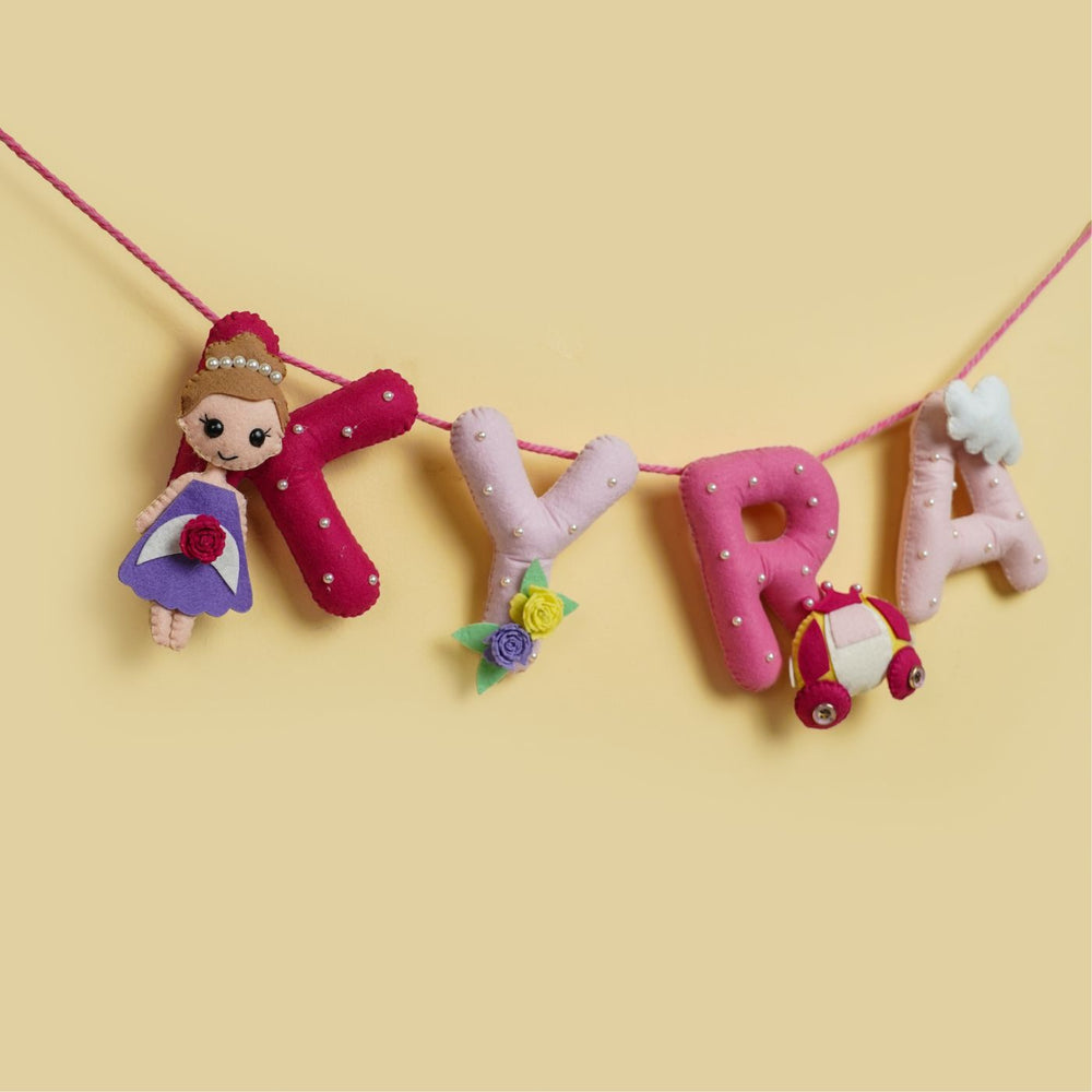 Handmade Personalized Felt Kids Bunting Princess - Front View Hanging Letters Garland