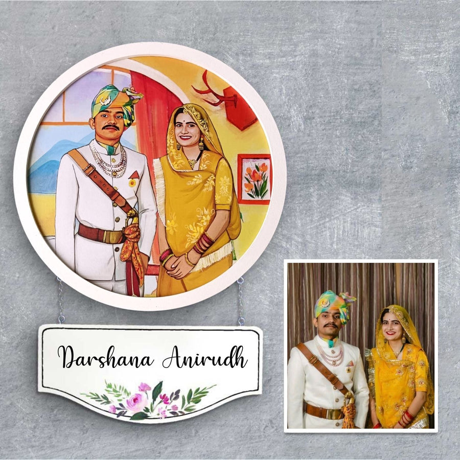 Photo Caricature Hanging Name Plate For Couples 3 - Framed Circular Portrait with Nameplate