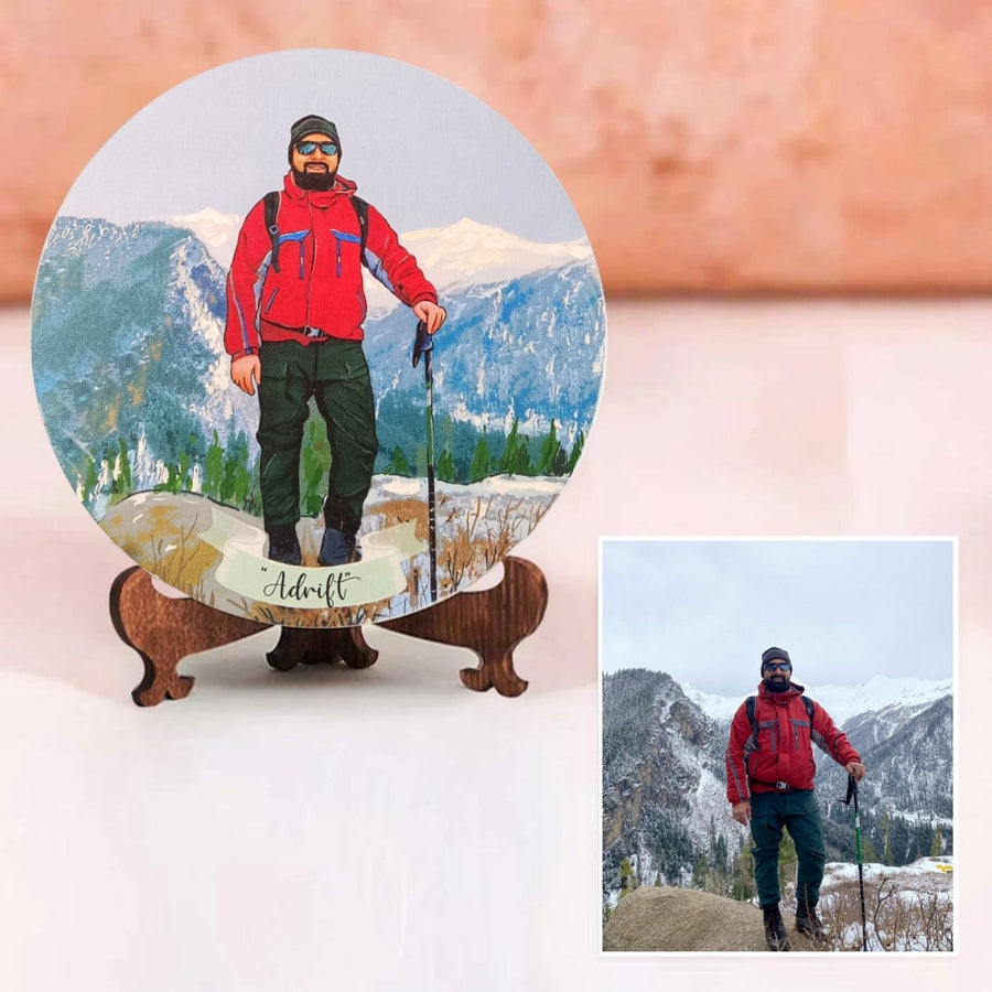 Photo Caricature Name Plate With Stand For Individuals 1 - Personalized Plate on Wooden Stand