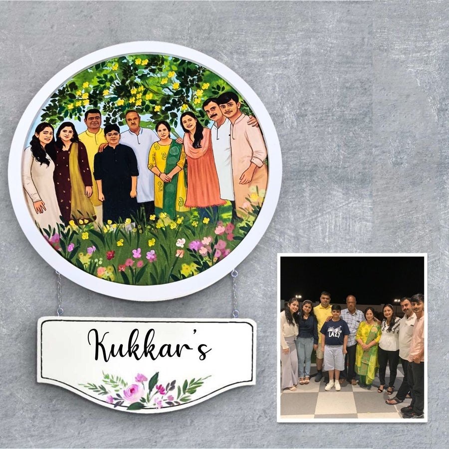 Photo Caricature Hanging Name Plate For Family - Front View with Personalized Nameplate