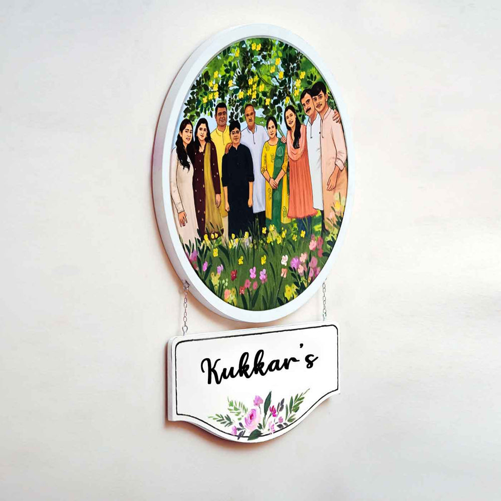 Photo Caricature Hanging Name Plate For Family - Side Angle Hanging Wall Sign