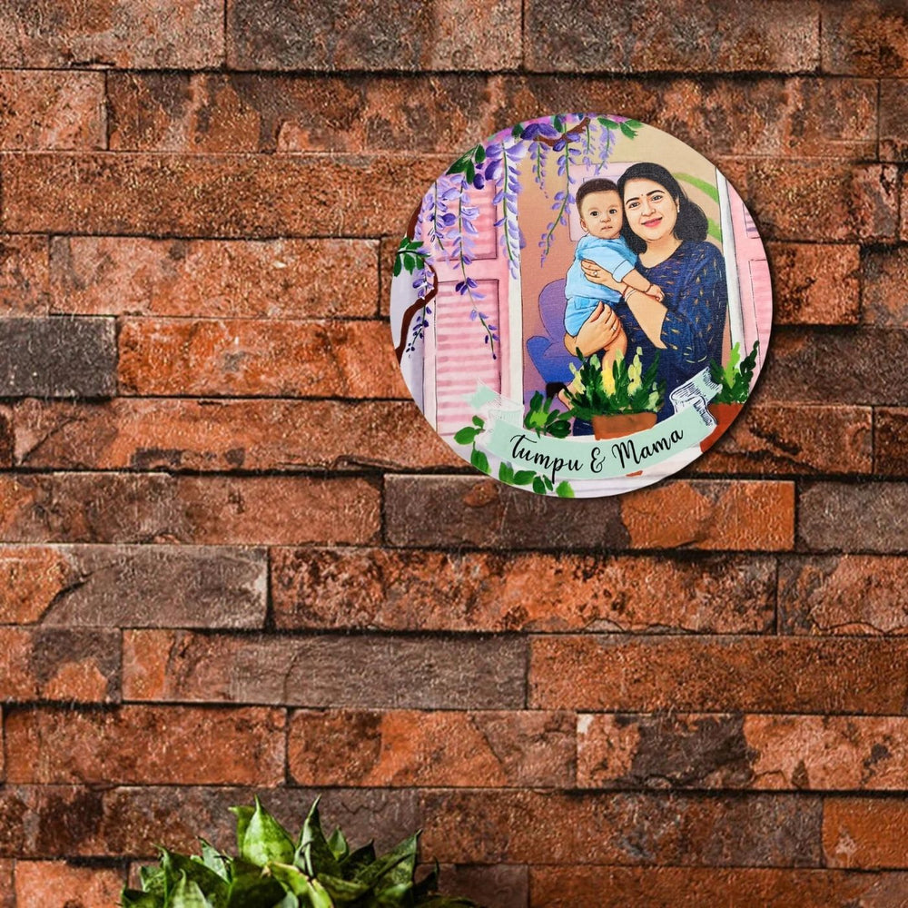 Photo Caricature Name Plate With Stand For Mother - Mounted on Brick Wall Display