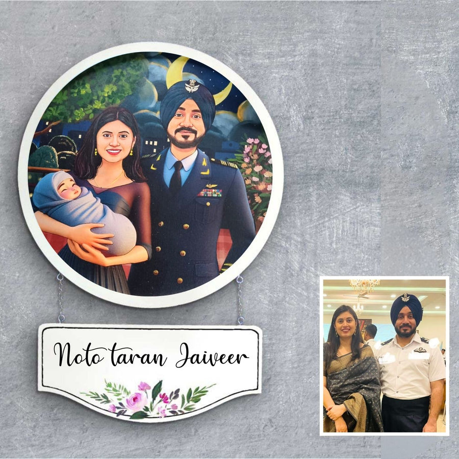 Photo Caricature Hanging Name Plate For New Parents - Front View with Personalized Nameplate