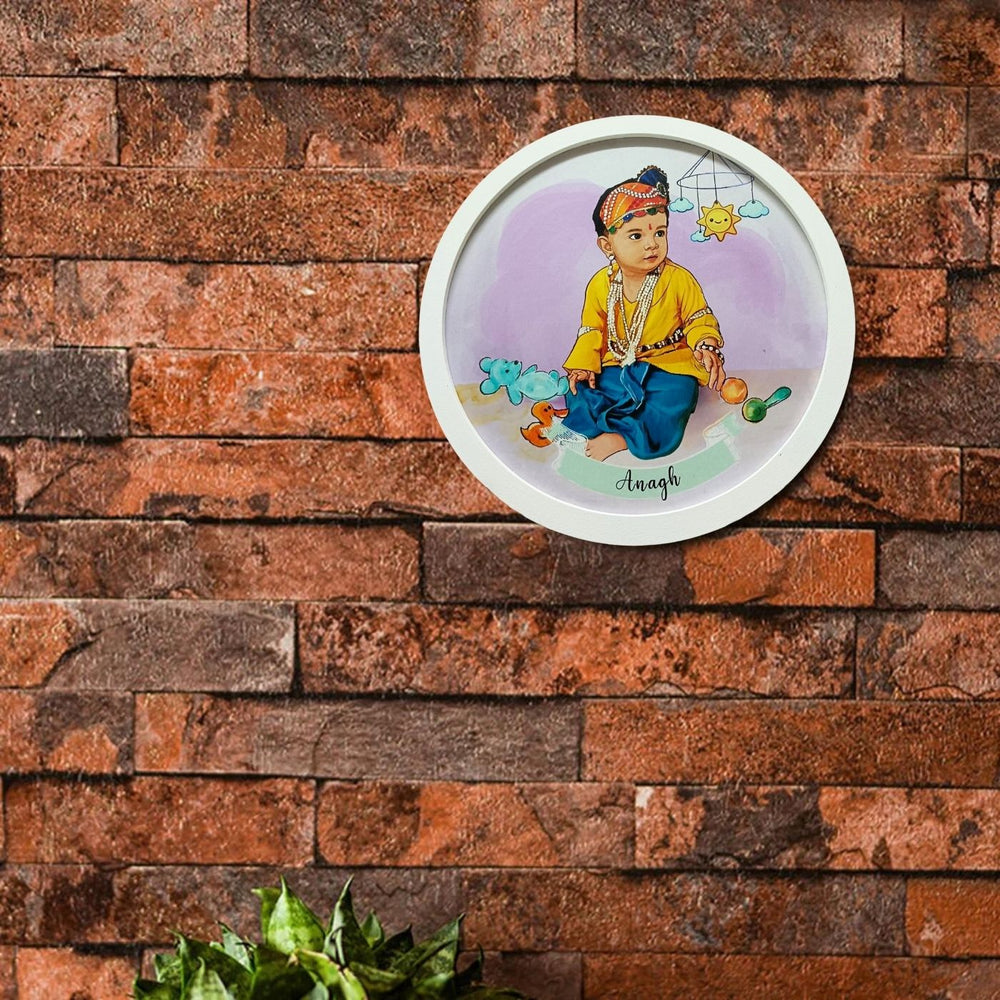 Photo Caricature Desk Name Plate With Stand For Kids - Mounted on Brick Wall