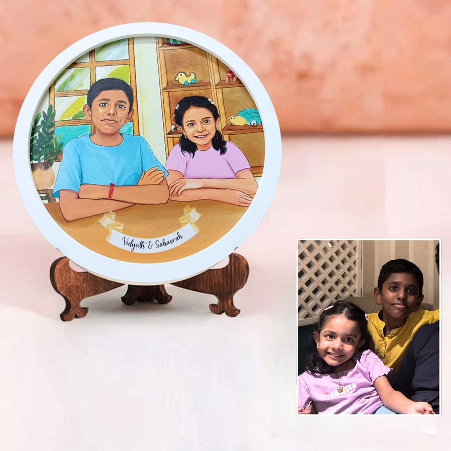 Photo Caricature Name Plate With Stand For Rakhi - Personalized Illustration with Reference Photo