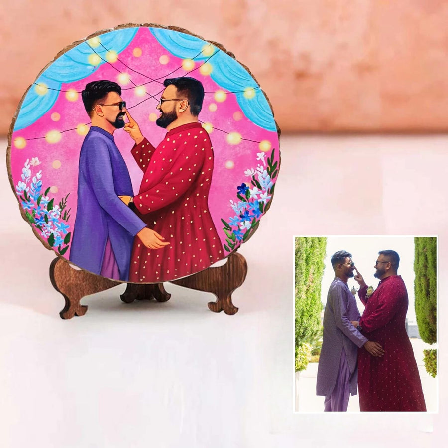 Photo Caricature Bark Nameplate With Stand For Lgbt Couples - Front View with Stand and Reference Photo