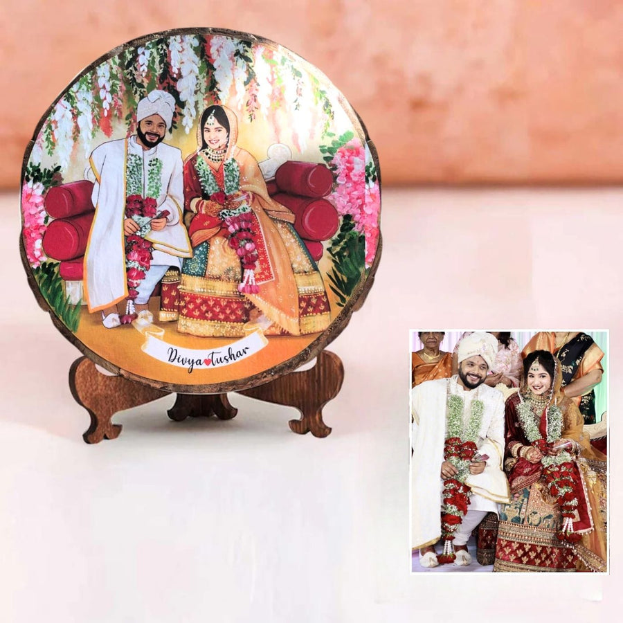 Photo Caricature Bark Nameplate With Stand For Wedding 1 - Front View with Personalized Illustration