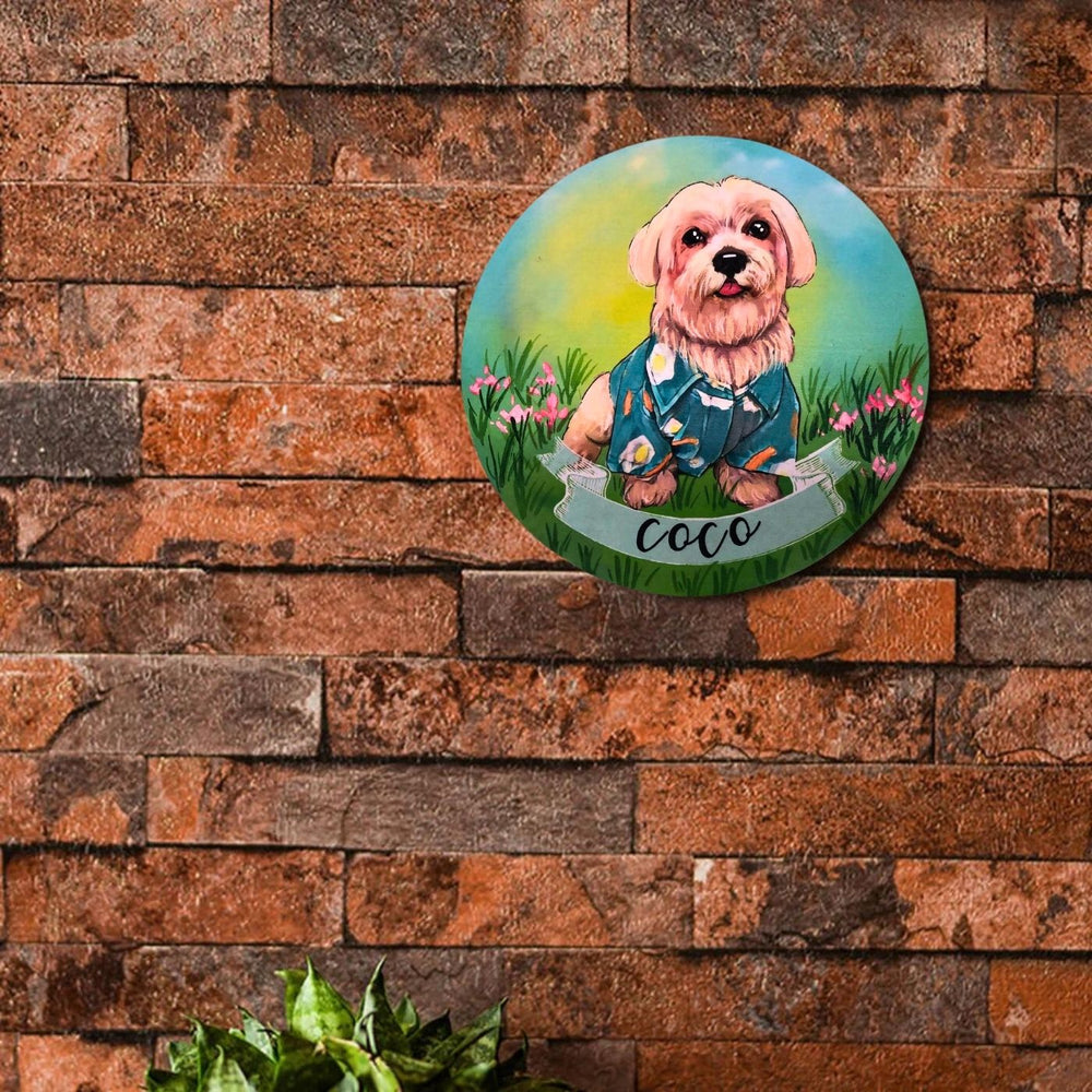 Photo Caricature Name Plate With Stand For Pet Lovers 2 - Mounted on Brick Wall Front View