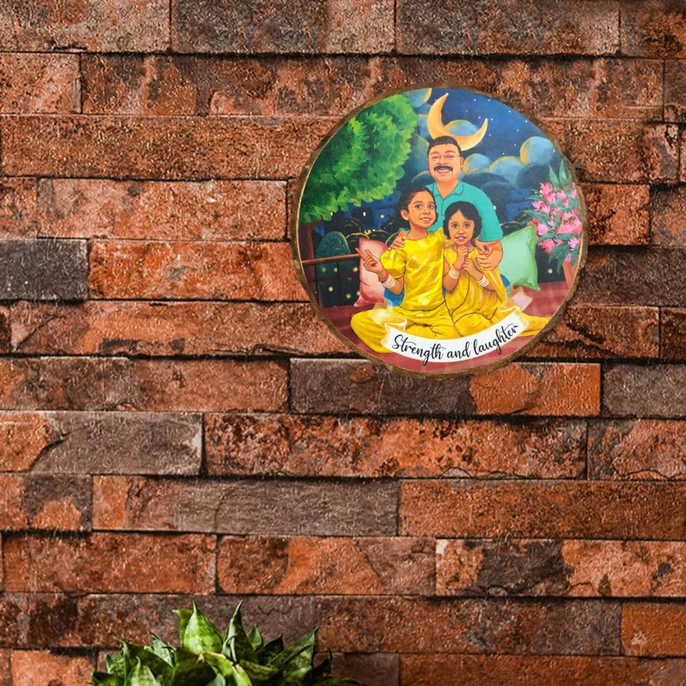 Photo Caricature Bark Nameplate With Stand For Fathers Day - Mounted on Brick Wall at Distance
