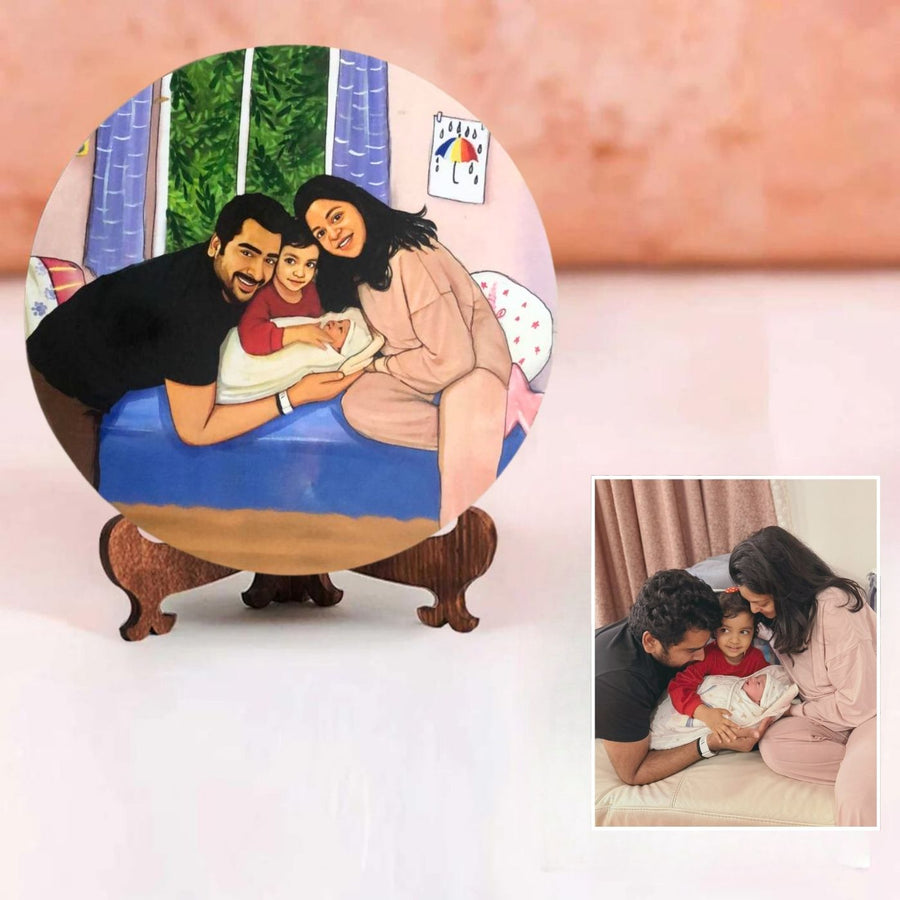 Photo Caricature Name Plate With Stand For New Parents - Personalized Photo Plaque Display