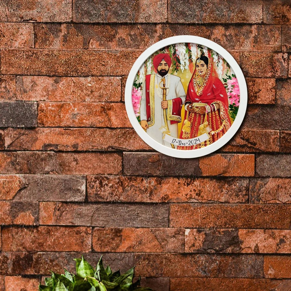 Photo Caricature Name Plate With Stand For Wedding Couples 3 - Mounted on Brick Wall Close-up