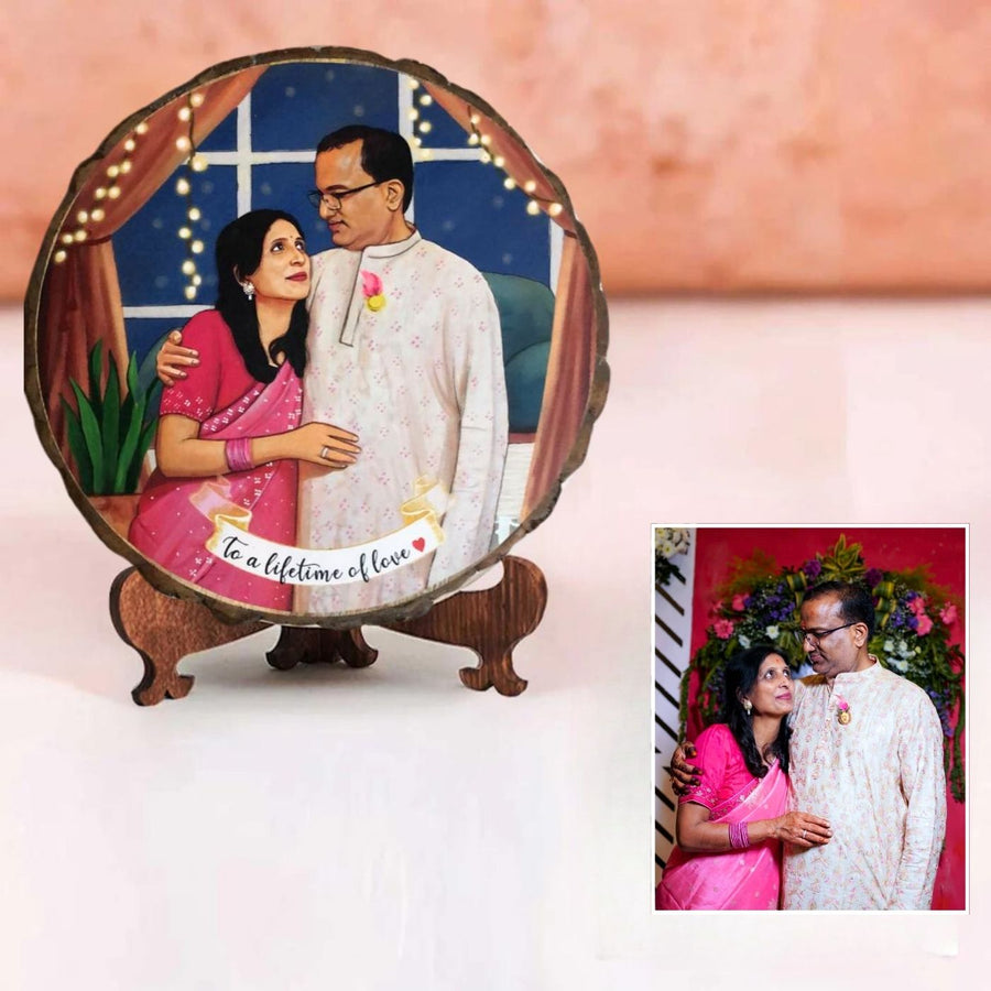 Photo Caricature Bark Nameplate With Stand For Anniversary - Custom Painted Photo on Round Wood Block