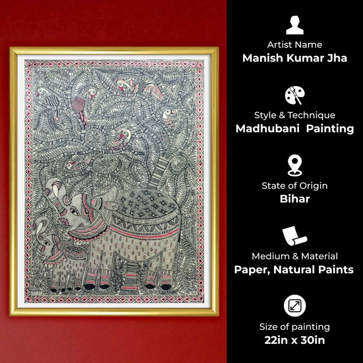 22 x 30 Inch | Elephant Grace in Black & Red | Original Hand Painted Madhubani Painting | Natural Pigments On Paper