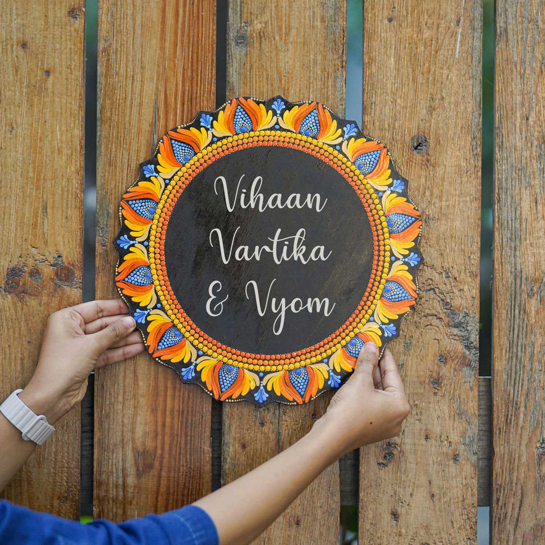 Handcrafted Dot Art Circular Name Plate 1 - Held Showing Front View