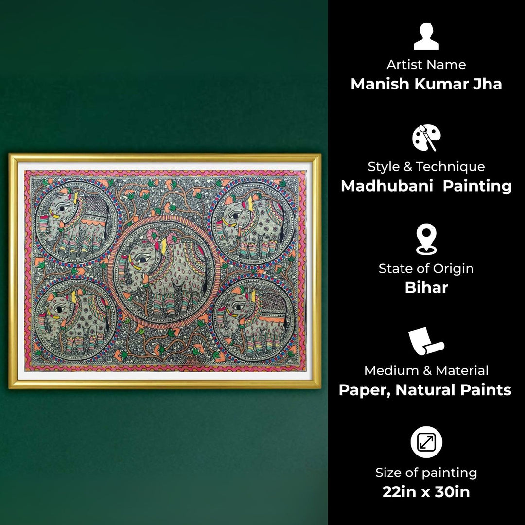 22 x 30 Inch | Elephants & Tree | Original Hand Painted Madhubani Painting | Natural Pigments On Paper