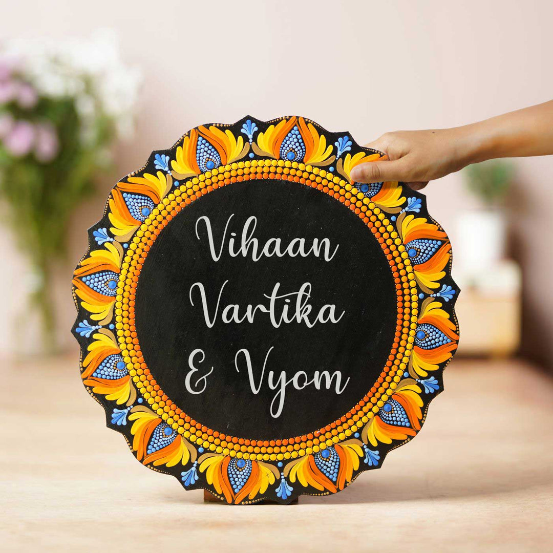 Handcrafted Dot Art Circular Name Plate 1 - Front View with Hand Holding