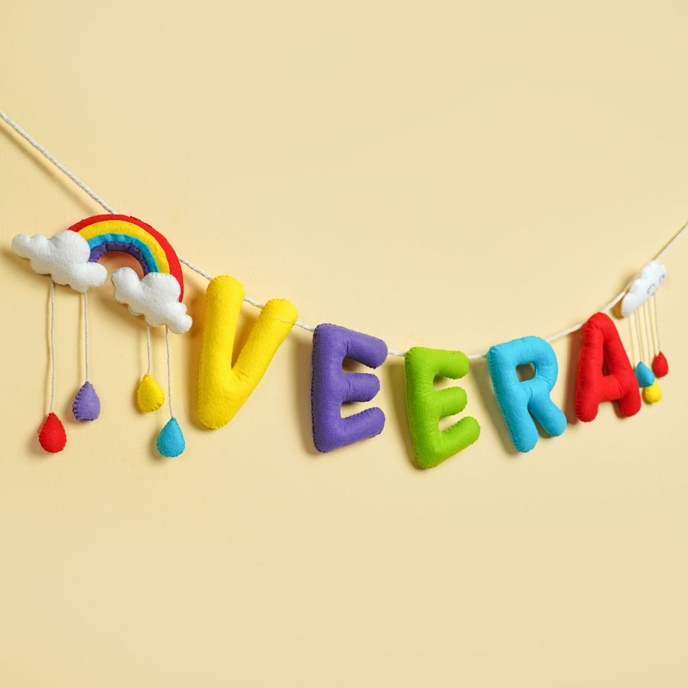 Handmade Personalized Felt Kids Bunting Rainbow With Cloud - Hanging Name Garland Front View