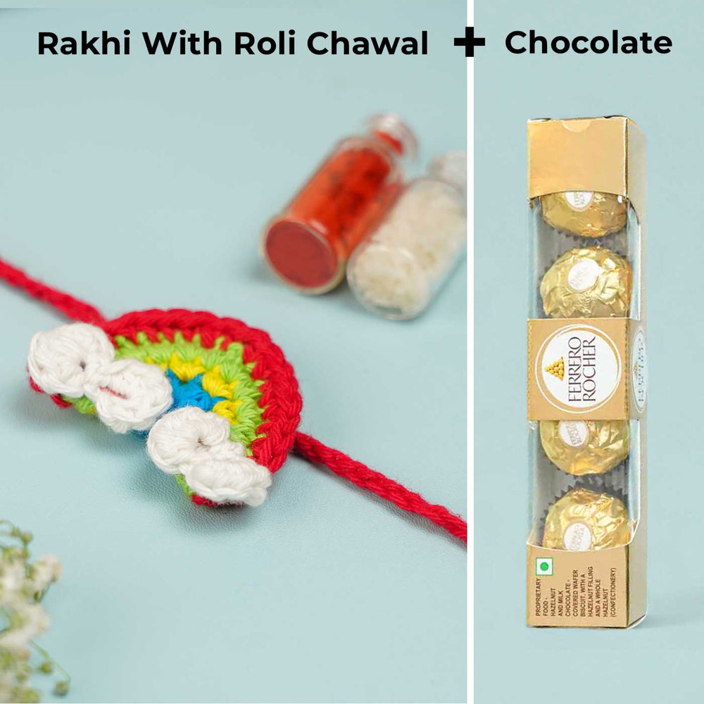 Handmade Crochet Rainbow Rakhi With Roli Chawal - Rakhi Thread with Chocolate Packaging