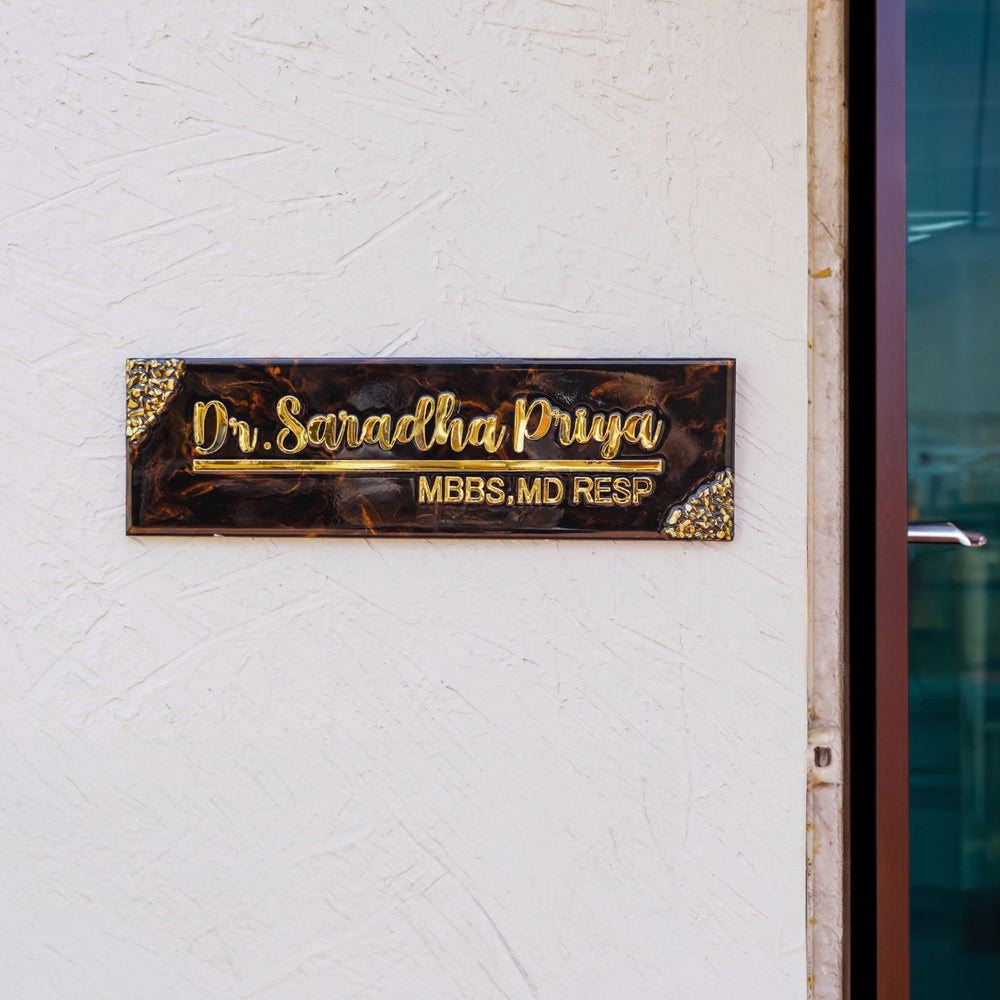 Handmade Resin Black Gold Rectangle Marbled Name Plate 1 - Mounted on Exterior Wall Next to Door