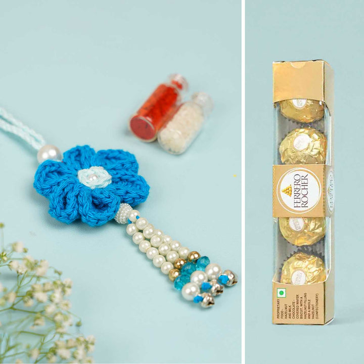 Customized Handmade Crochet Rubi Petal Floral Rakhi With Roli Chawal For Brother - Front View with Packaging (2)