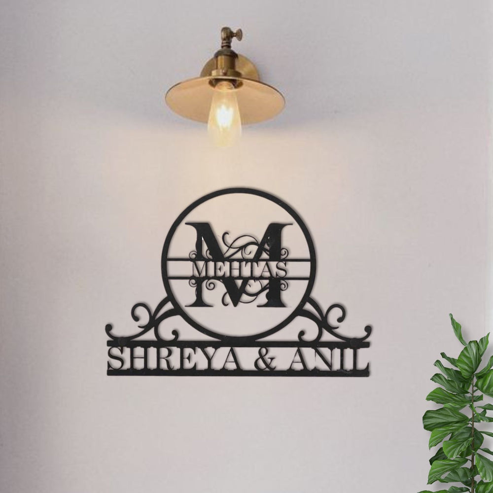 Personalized Ornate Weatherproof Name Plate With Monogram - Mounted on Entryway Wall