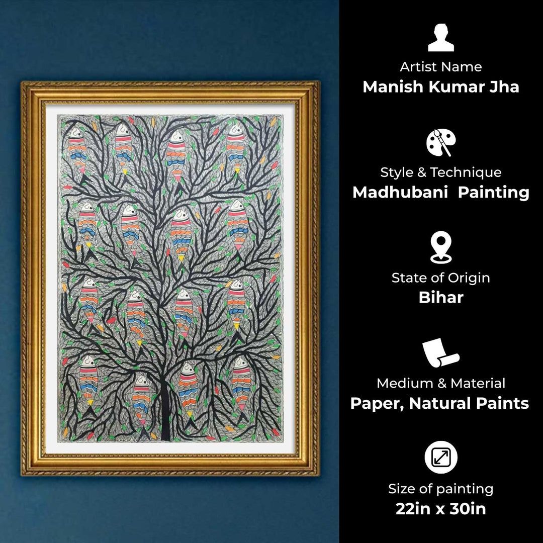 22 x 30 Inch | Fishes in the Sacred Tree | Original Hand Painted Madhubani Painting | Natural Pigments On Paper