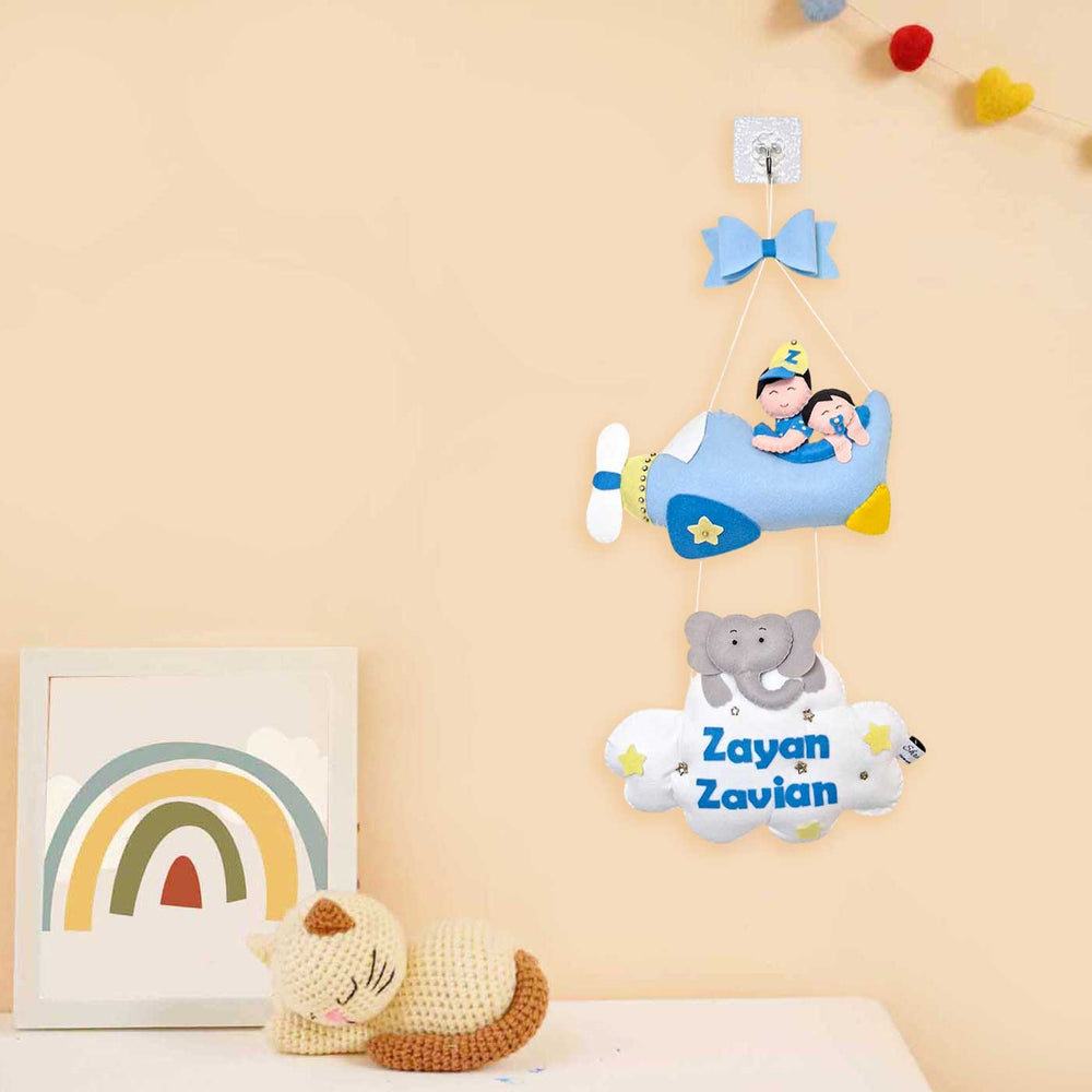 Personalized Aeroplane Themed Felt Kids Name Plate For Siblings - Hanging on Wall Display