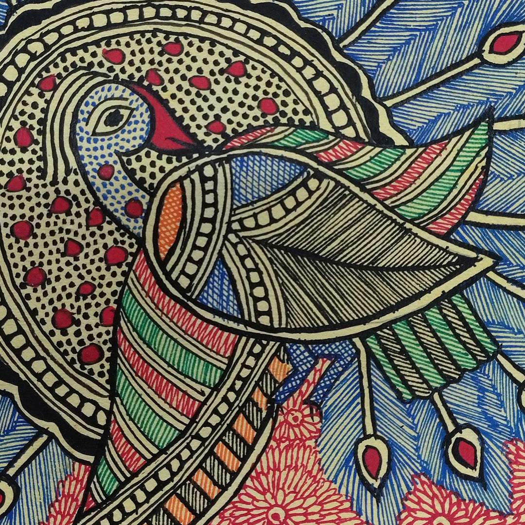 7 x 7 Inch | Colorful Peacock | Original Hand Painted Madhubani Painting | Natural Pigments On Paper