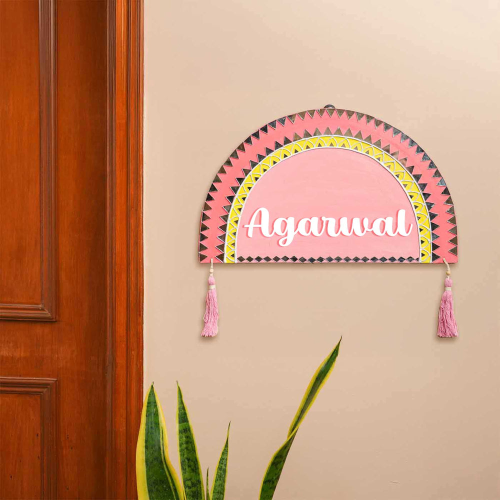 Personalized Mirror Work Pink Theme Mdf Wood Name Plate - Mounted on Wall with Tassels